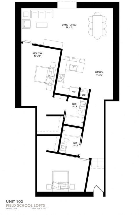 Floor plan for 2 beds, 2 baths, 1031 sqft